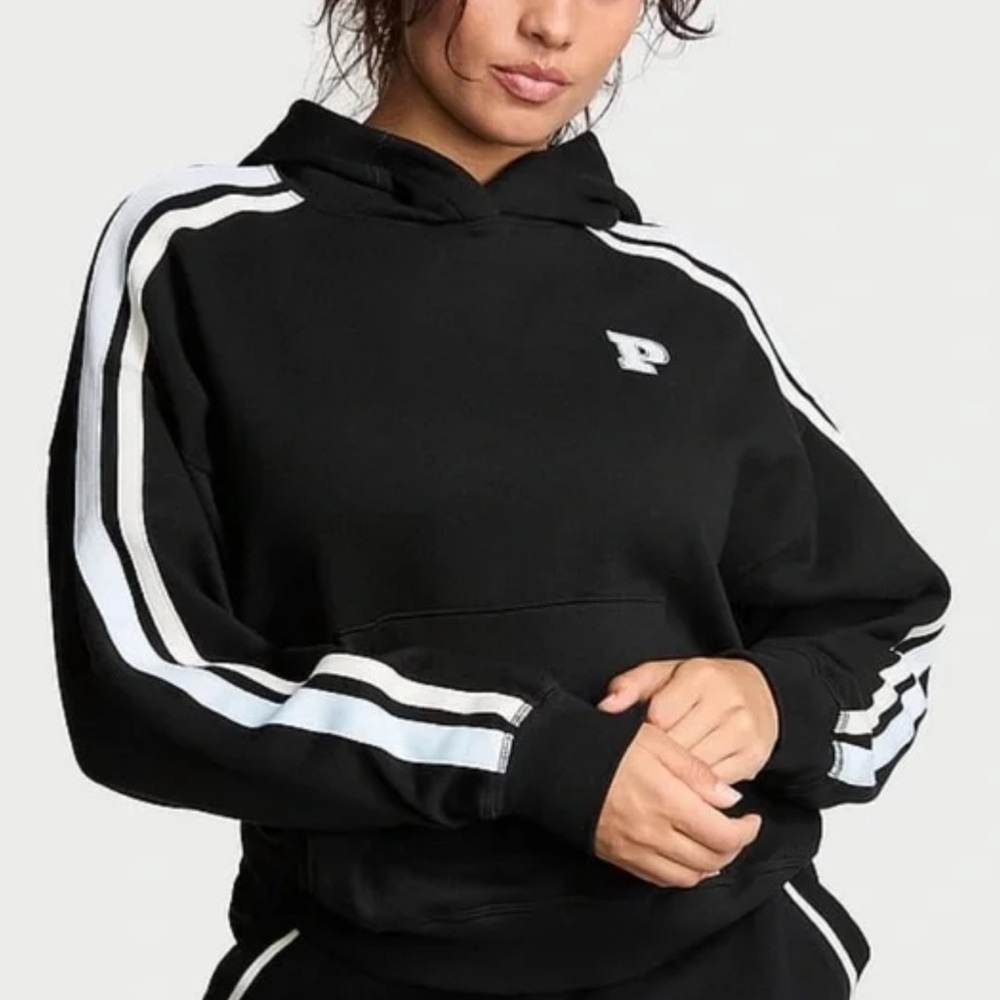 Victoria's Secret•PINK•Jersey side Striped Hoodie Pullover Sweatshirt Top LG